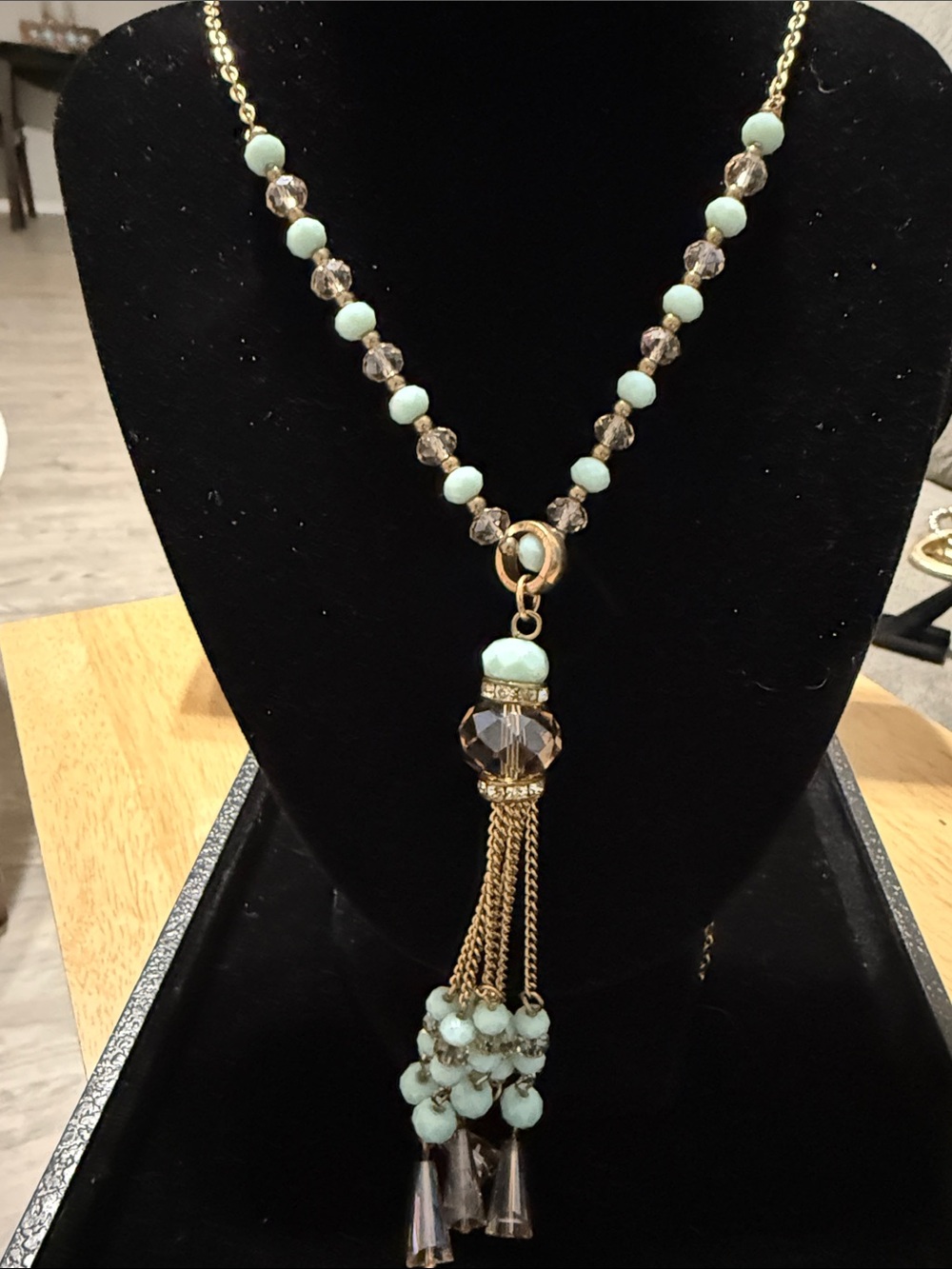 Gold Chain Necklace with Light Aqua Beads and Smoky Crystal Tassel